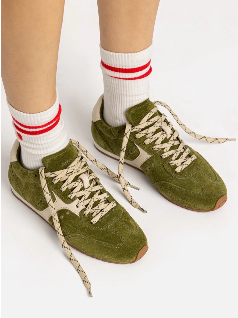 Larroude Olive Green Suede Women's Sneakers with Cream Accents
